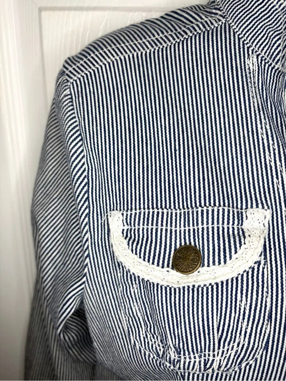 Y2K Ami Blue Striped Cotton Denim Jacket Blazer Pocket Lace Details S - Picture 4 of 9